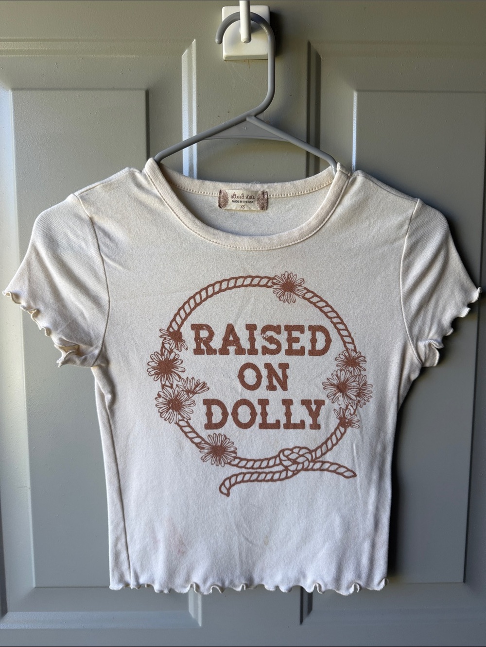 Altar'd State Cream Tee with Brown Graphic "Raised on Dolly"